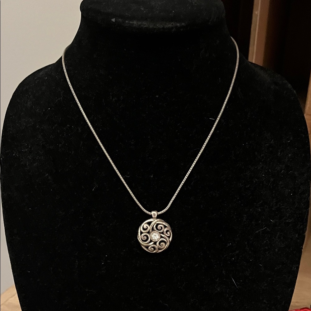Brighton Necklace Round Silver Scroll Pendant Rhi… - image 1